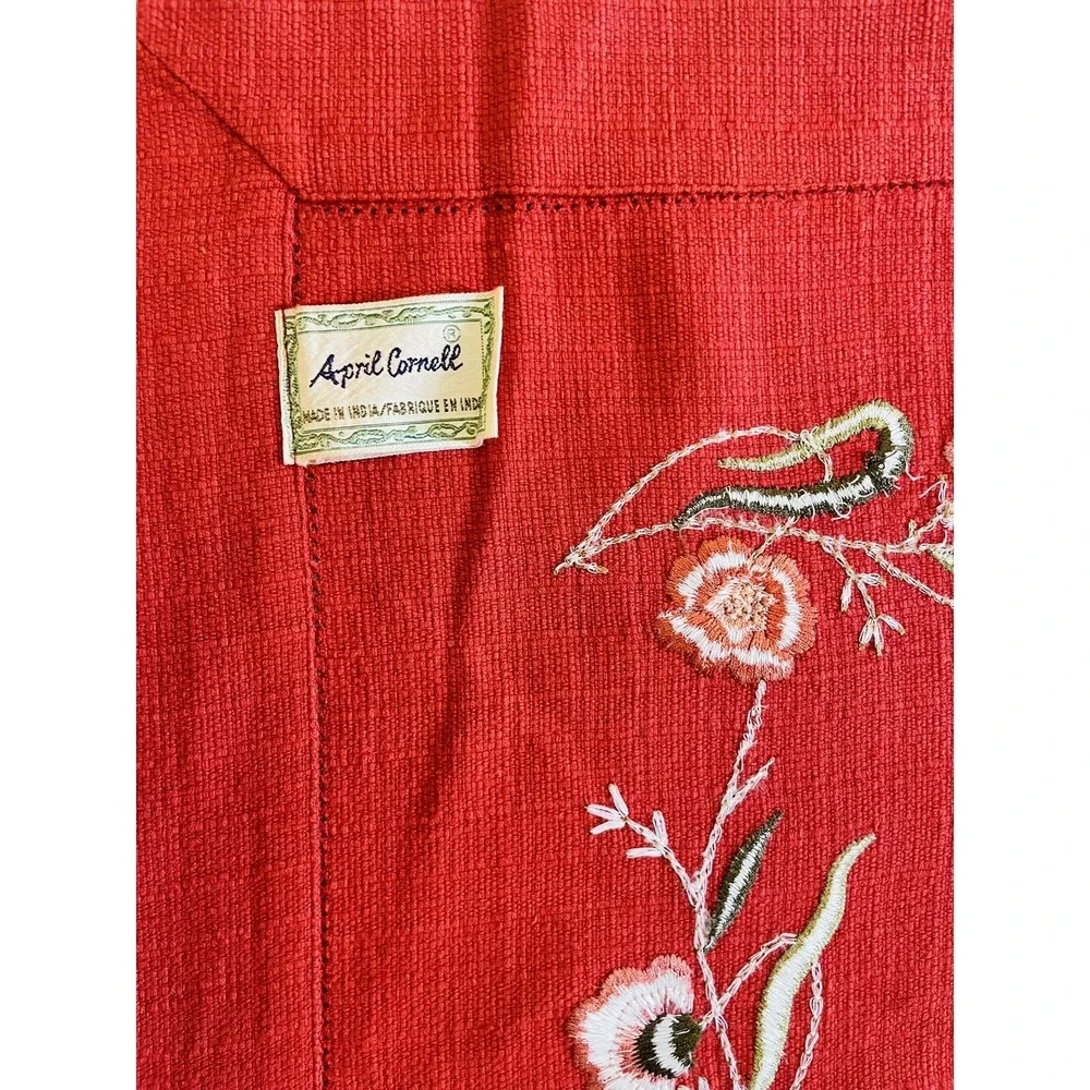 VTG April Cornell Square Cotton Tablecloth. 51x52. Burnt Red W/Floral Embroidery
